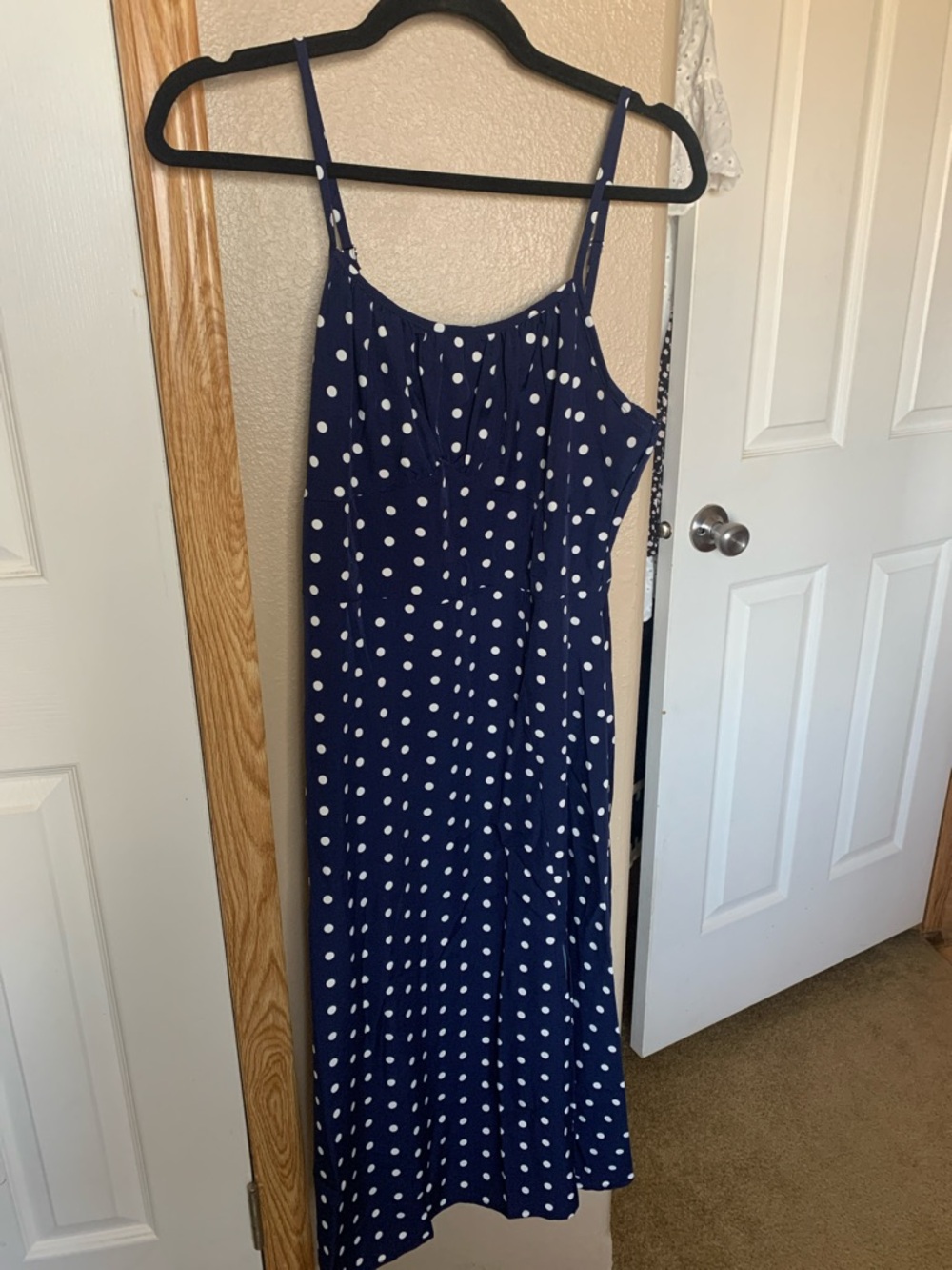 NAVY Polka Dot Midi Dress with Side Slit & Spaghetti Straps - Picture 5 of 7